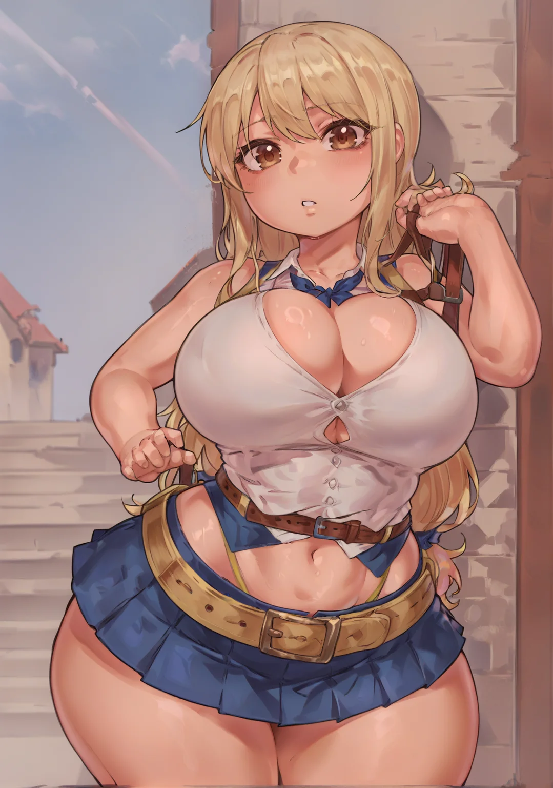score_9, score_8_up, score_7_up, BREAK,<lora:Ourobot_Style_Pony:1>, 1girl, solo, large breasts, shortstack, thick thighs, cowboy shot, <lora:add-detail-xl:.5>, blonde hair, (light brown eyes), lucy heartfilia, long hair, white shirt, sleeveless, belt, blue skirt, midriff, cleavage