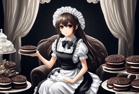(masterpiece, 2.5D), (score_9, score_8_up, score_7_up,source_anime), (ultra-detailed,24K), best quality, CG, illustration, 
(Japanese cute girl, hugging the large cookie, sitting on couch, room inside made of creamy cookies), 
(solo:1.3), 
brown medium hair, long curtain bangs, hal-up hair, Hair ornaments, sunglasses, ultra-detailed eyes, brown eyes, 
(slim, medium breasts), 
wearing maid uniform made of creamy cookies,   , maid apron, maid headdress, long sleeves 
backlighting black background,