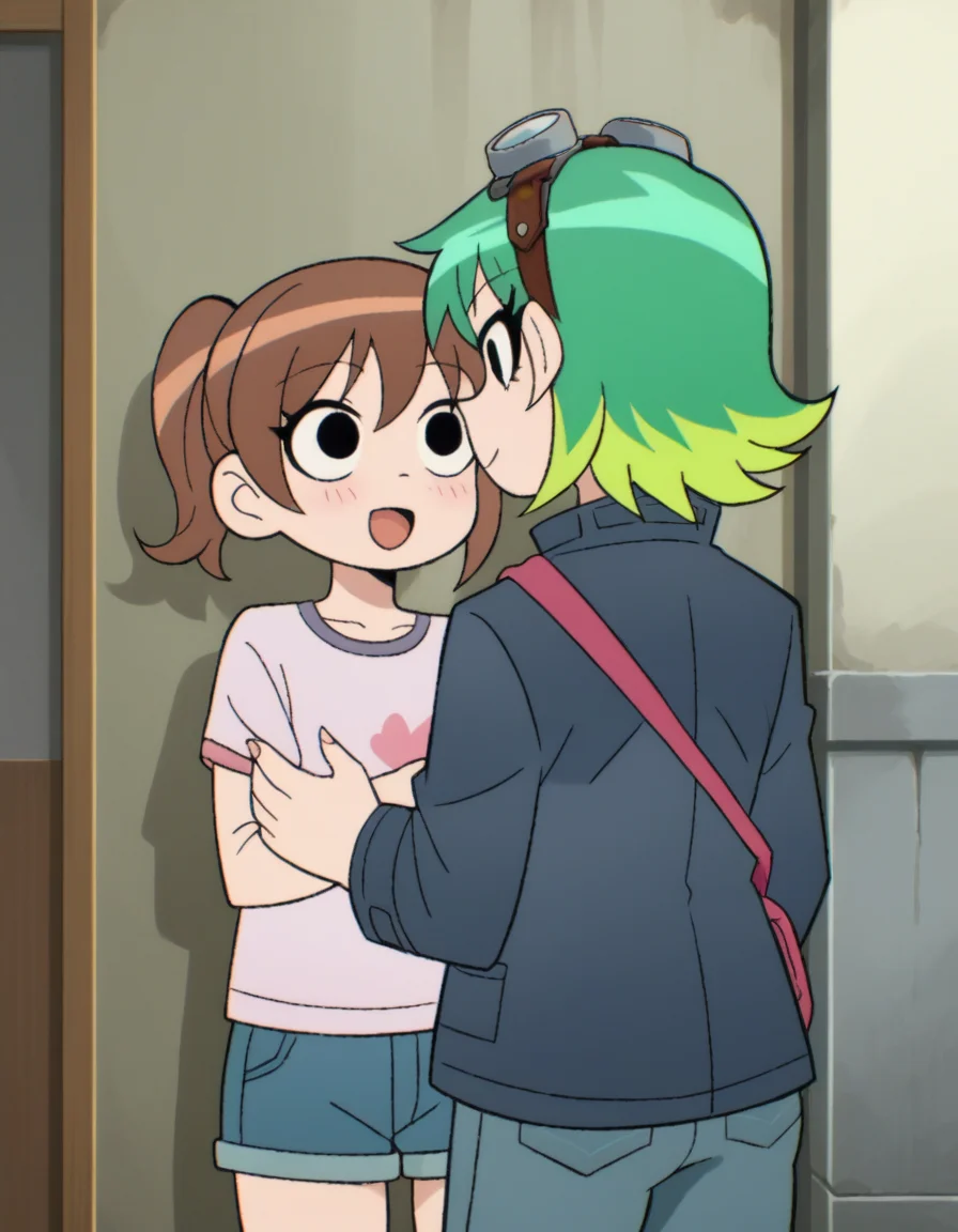 zPDXL, score_9, score_8_up, score_7_up, source_anime, <lora:ScottP-v2-3:0.8> scttp, multiple characters, outdoors, smiling, happy, hugging, looking at another, cute, adorable, blush, heart,
young, brown hair,
Ramona, green hair, blonde hair , multicolored hair, gradient hair, goggles, goggles on head,