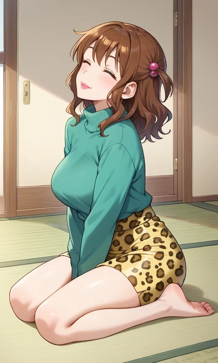 (1girl:1.5), (solo:1.3), (score_9, score_8_up, score_7_up, score_6_up, score_5_up, score_4_up), (source_anime), rating_questionable,
<lora:kutsuzoko-atsuko_v3:0.8> (kutsuzoko-atsuko), (hair between eyes, black eyes, one side up, hair beads, brown hair, medium hair, pink lips, lipstick), (large breasts),
(green sweater, turtleneck, long sleeves, yellow skirt, miniskirt, pencil skirt, animal print skirt, leopard print skirt, bareleg, barefoot), (from side:1.3), sitting on the floor, tatami, smile, closed eyes, yokozuwari,
