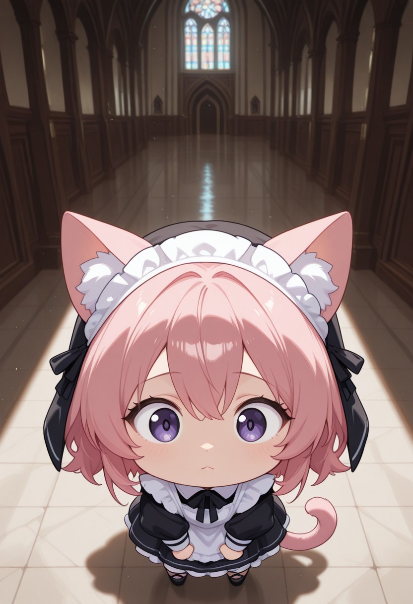 score_9,score_8_up,score_7_up,expressiveh,source_anime,best quality,masterpiece, depth of field, cinematic lighting, source_cartoon,cartoon style,Break, 1 girl, solo, 18 years old, CivChan, purple eyes, pink hair, cat ears, cat tail, chibi, meme,  nun, church