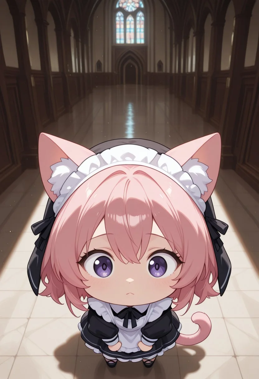 score_9,score_8_up,score_7_up,expressiveh,source_anime,best quality,masterpiece, depth of field, cinematic lighting, source_cartoon,cartoon style,Break, 1 girl, solo, 18 years old, CivChan, purple eyes, pink hair, cat ears, cat tail, chibi, meme, nun, church