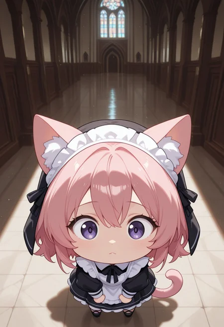 score_9,score_8_up,score_7_up,expressiveh,source_anime,best quality,masterpiece, depth of field, cinematic lighting, source_cartoon,cartoon style,Break, 1 girl, solo, 18 years old, CivChan, purple eyes, pink hair, cat ears, cat tail, chibi, meme, nun, church