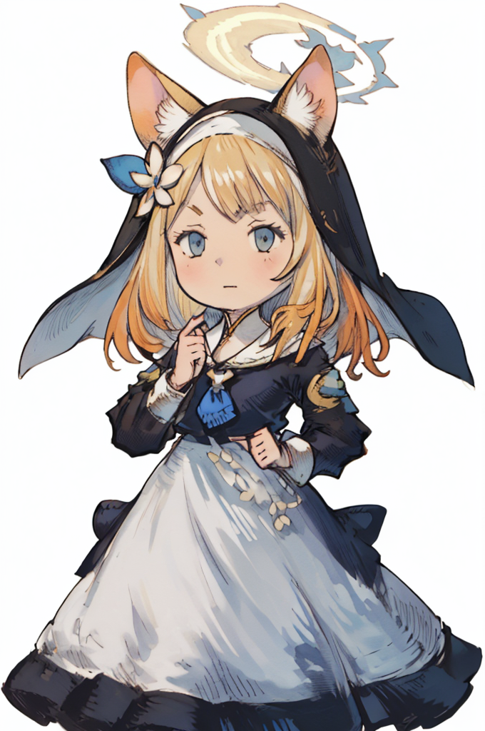 (Yoshida_Akihiko_PonyXL_style_v02.10.01), solo, 1girl, white background, chibi, mari iochi, long hair, blue eyes, animal ears, orange hair, halo, yellow halo, braid, single braid, animal ear headwear, armband, blue neckerchief, bow, collarbone, flower, frilled sleeves, frills, habit, hair flower, hair ornament, long skirt, long sleeves, neckerchief, nun, puffy long sleeves, puffy sleeves, sailor collar, skirt, (Bravely Default Style), yoshida akihiko, mari \(blue archive\), 1girl, long hair, looking at viewer, bangs, blue eyes, multiple girls, simple background, long sleeves, white background, dress, 2girls, animal ears, flower, solo focus, hair flower, sailor collar, orange hair, neckerchief, halo, own hands together, white flower, white sailor collar, nun, habit, blue neckerchief, animal ear headwear, black nun outfit, <lora:pony\char\game\ba\mari-iochi-ponyxl-lora-nochekaiser.safetensors>, <lora:pony\style\Yoshida_Akihiko_PonyXL_style_v02.10.01.safetensors>, <lora:styles\yoshida_akihiko_offset.safetensors>, <lora:styles\BravelyDefault.safetensors>, <checkpoint:[Pony] prefectPonyXL_v10.safetensors>, <checkpoint:[SD15] flat2DAnimerge_v45Sharp.safetensors>