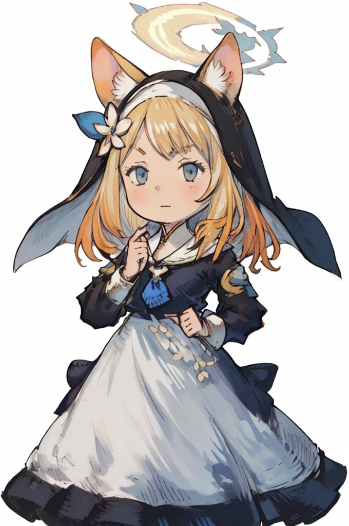 (Yoshida_Akihiko_PonyXL_style_v02.10.01), solo, 1girl, white background, chibi, mari iochi, long hair, blue eyes, animal ears, orange hair, halo, yellow halo, braid, single braid, animal ear headwear, armband, blue neckerchief, bow, collarbone, flower, frilled sleeves, frills, habit, hair flower, hair ornament, long skirt, long sleeves, neckerchief, nun, puffy long sleeves, puffy sleeves, sailor collar, skirt, (Bravely Default Style), yoshida akihiko, mari \(blue archive\), 1girl, long hair, looking at viewer, bangs, blue eyes, multiple girls, simple background, long sleeves, white background, dress, 2girls, animal ears, flower, solo focus, hair flower, sailor collar, orange hair, neckerchief, halo, own hands together, white flower, white sailor collar, nun, habit, blue neckerchief, animal ear headwear, black nun outfit, <lora:pony\char\game\ba\mari-iochi-ponyxl-lora-nochekaiser.safetensors>, <lora:pony\style\Yoshida_Akihiko_PonyXL_style_v02.10.01.safetensors>, <lora:styles\yoshida_akihiko_offset.safetensors>, <lora:styles\BravelyDefault.safetensors>, <checkpoint:[Pony] prefectPonyXL_v10.safetensors>, <checkpoint:[SD15] flat2DAnimerge_v45Sharp.safetensors>
