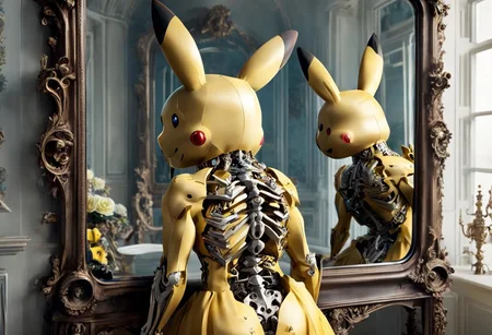 [pikachu mirror reflection : [pikachu | undead] reflection, intricate skeletal body :10]
BREAK
beautiful pikachu, from behind, looking into a mirror  <lora:GeorgianStyle:1> GeorgianStyle