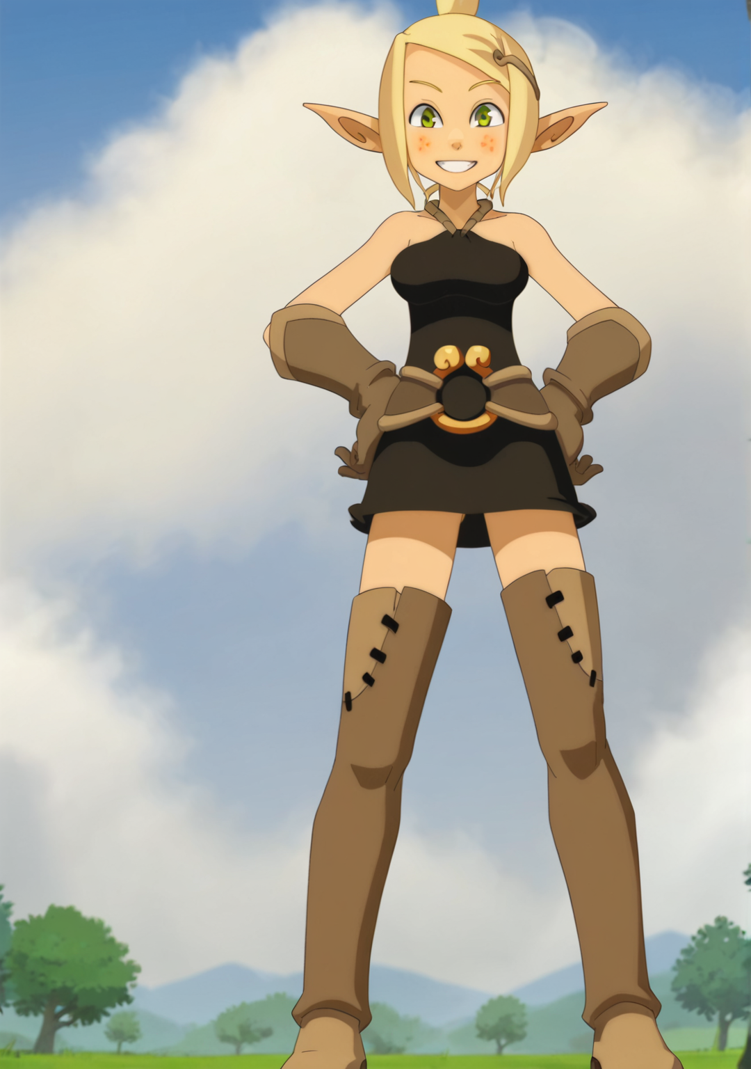 score_8_up, score_7_up, anime screenshot, looking at viewer, clouds, full body, 
<lora:Evangelyne (Autism SDXL)-000009:0.8> 1girl, evangelyne s1, short hair, ponytail, blonde hair, hair ornament, pointy ears, light freckles, green eyes, black dress, brown gloves, thigh boots, 
BREAK
official wallpaper, atmospheric perspective, looking at viewer, tree, standing, looking at viewer, nervous smile, hands on own hips,