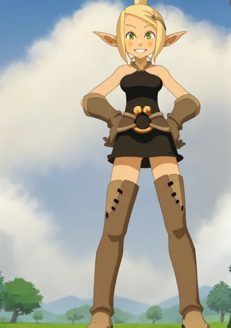 score_8_up, score_7_up, anime screenshot, looking at viewer, clouds, full body,
<lora:Evangelyne (Autism SDXL)-000009:0.8> 1girl, evangelyne s1, short hair, ponytail, blonde hair, hair ornament, pointy ears, light freckles, green eyes, black dress, brown gloves, thigh boots,
BREAK
official wallpaper, atmospheric perspective, looking at viewer, tree, standing, looking at viewer, nervous smile, hands on own hips,