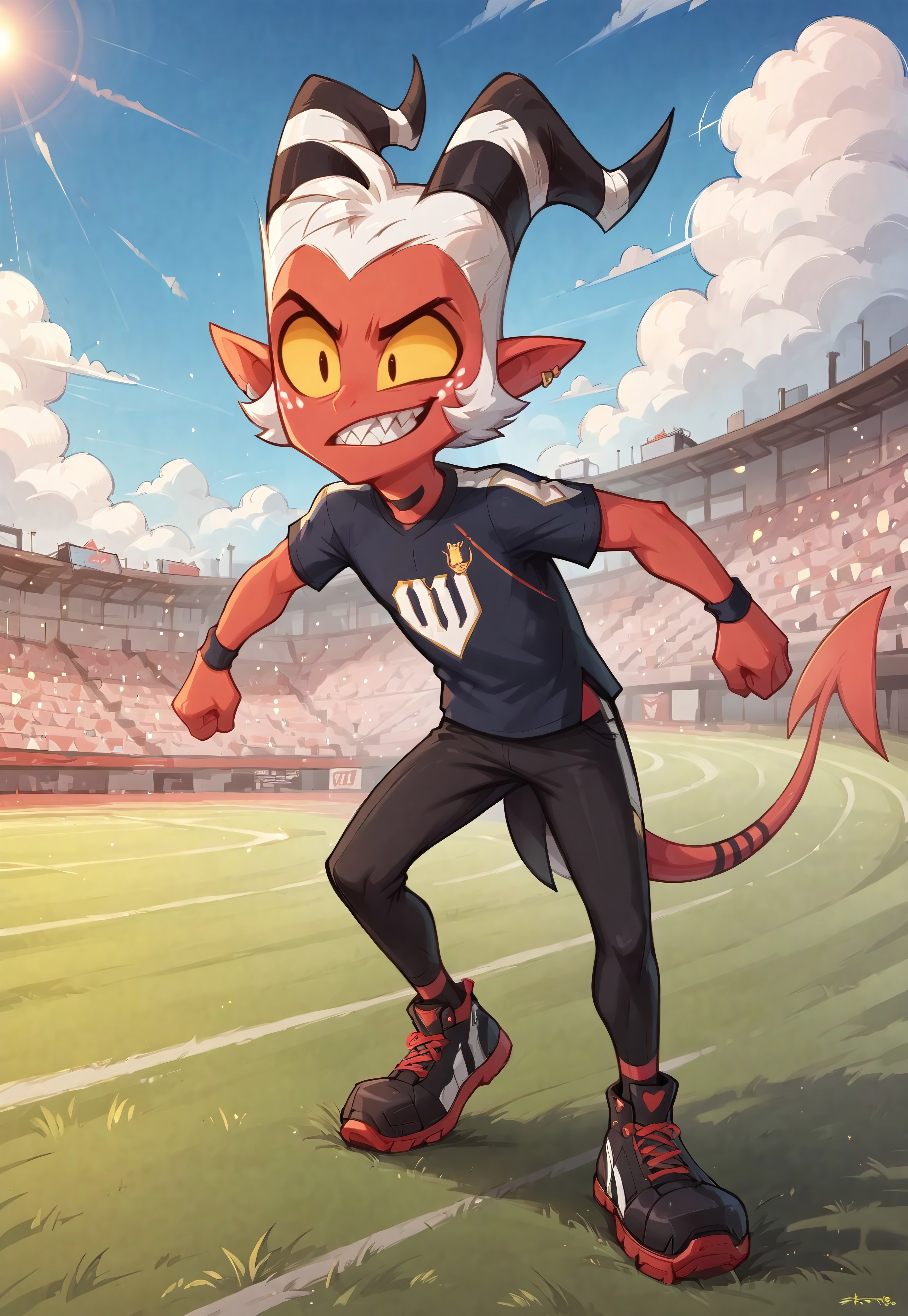 masterpiece, score_9_up, score_8_up, score_7_up, score_6_up, source_furry, (best quality:1.1), ultra-detailed, high resolution, solo, highly detailed macro illustration, moxie2, 1boy, athletic, imp tail, yellow eyes, white hair, male, horns, sharp teeth, black horns, red skin, yellow sclera, cheerful facial expression, black soccer uniform, sports shoes BREAK action pose, soccer game, flipping off viewer, Outdoors, BREAK Highly Visible, sharp focus, perfect lighting, anatomically correct, extremely detailed, high detail, Expressiveh, detailed background, zPDXL3