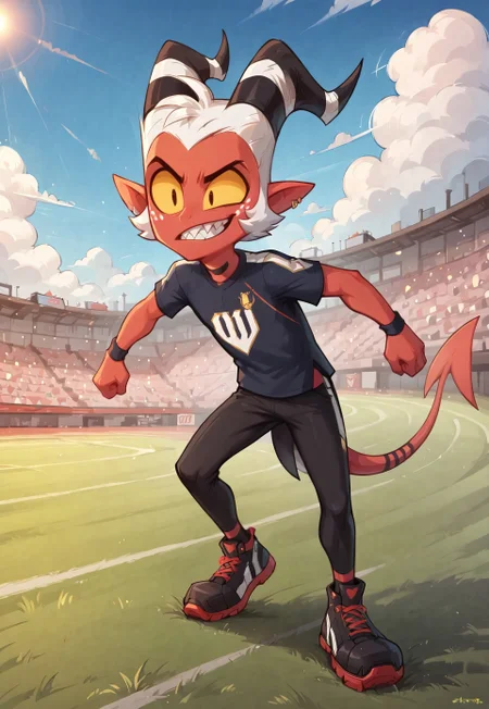 masterpiece, score_9_up, score_8_up, score_7_up, score_6_up, source_furry, (best quality:1.1), ultra-detailed, high resolution, solo, highly detailed macro illustration, moxie2, 1boy, athletic, imp tail, yellow eyes, white hair, male, horns, sharp teeth, black horns, red skin, yellow sclera, cheerful facial expression, black soccer uniform, sports shoes BREAK action pose, soccer game, flipping off viewer, Outdoors, BREAK Highly Visible, sharp focus, perfect lighting, anatomically correct, extremely detailed, high detail, Expressiveh, detailed background, zPDXL3