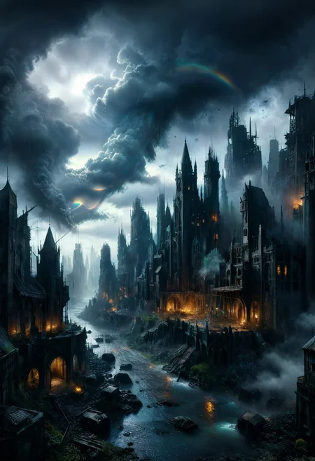 dark, low-key, hvrn, heavy rain,
A detailed dramatic illustration of a dark fantasy medievil city, with grey color dark magic splash, rainbow in the sky, rainbow over a dark fantasy city, heavy rain, dark gothic, 3D Vector Art, fantasy art, watercolor effect, bokeh, Adobe Illustrator, hand-drawn, digital art, isometric style, retro aesthetic, focused on the character, 4K resolution, photorealistic rendering, using cinema 4D, view from above,
Wide range of colors., Dramatic,Dynamic,Cinematic,Sharp details
Insane quality. Insane resolution. Insane details. Masterpiece. 32k resolution.
dvr-lnds-sdxl, ral-apoctvisn, zavy-rmlght,