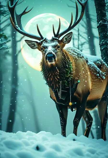 ((his face hidden by hood, black gloves, muscular build, greenish hood)) ((elk adorned with pixies perched on its antlers, pixies resemble living diodes, bright pixies
moon in the background
foggy evening
snow
sharp focus,
cold lighting
ArtStation concept art,