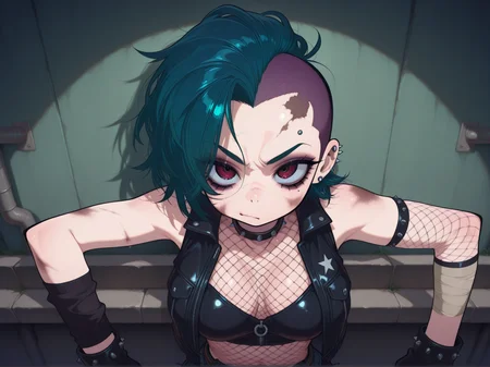 female punk, greasy blue mohawk, dirty skin, facial piercings, heavy eye makeup, leather vest, torn fishnets, medium breasts
gutter punk lies slumped in an alley with a used needle in her arm, staring blankly
<lora:DarkfireStyle20:1>