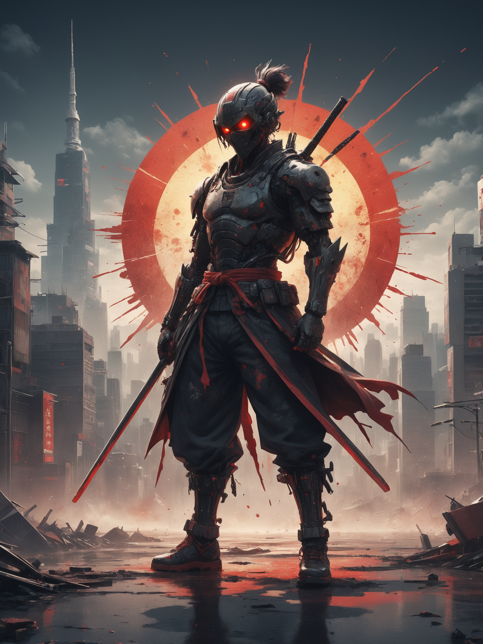 Cyber Punk Tradicional cyborg Samurai on a standing warrior pose with a red sun and city behind, highly detailed Mayhem style splattered Silhouette a3 print amazing street art oitsi, 8k full body full image sticker white background one colour bizarre ghetto transmission Charles Schulz style minimalist, conceptual art posing Japanese, conceptual, 3d render, illustration, cinematic, photo

epic action, Unreal Engine, cinematic award winning artwork, many details, extreme detailed, full of details,Wide range of colors., dramatic, Dynamic,Cinematic,Sharp details, Insane quality. Insane resolution. Insane details. Masterpiece. 32k resolution. casting shadow style, cucoloris patterned illumination,  dvr-lnds-sdxl, ral-dissolve, ral-ertmsphr, ral-porcelain, ral-pxlprtcl, Niji, aidma-niji
