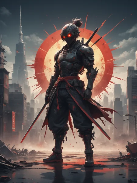 Cyber Punk Tradicional cyborg Samurai on a standing warrior pose with a red sun and city behind, highly detailed Mayhem style splattered Silhouette a3 print amazing street art oitsi, 8k full body full image sticker white background one colour bizarre ghetto transmission Charles Schulz style minimalist, conceptual art posing Japanese, conceptual, 3d render, illustration, cinematic, photo

epic action, Unreal Engine, cinematic award winning artwork, many details, extreme detailed, full of details,Wide range of colors., dramatic, Dynamic,Cinematic,Sharp details, Insane quality. Insane resolution. Insane details. Masterpiece. 32k resolution. casting shadow style, cucoloris patterned illumination,  dvr-lnds-sdxl, ral-dissolve, ral-ertmsphr, ral-porcelain, ral-pxlprtcl, Niji, aidma-niji