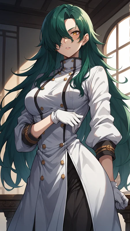 score_9,score_8_up,score_7_up,score_6_up, source_anime, zPDXL, <lora:xl_more_art-full_v1:0.5>, woman, dynamic pose, <lora:Rose - Pony-000004:0.7>, long hair, green hair, yellow eyes, hair covering one eye, long coat, white coat, white gloves, shushing, interior, east asian architecture,