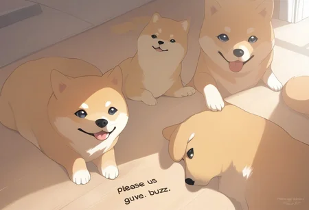 Masterpiece, shiba inu, doge, puppies, laying on the floor, text "please give us buzz"