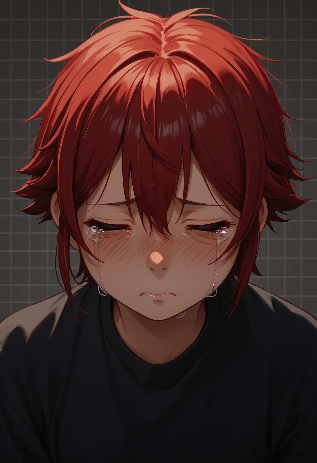score_9, score_8_up,score_7_up, source_anime, 1girl, solo, <lora:aizwtm_pdxl_EliPot:1>, aizawatomo, red hair, short hair, red eyes, tomboy,
 crying, closed eyes, nose blush, sad, tears, bags under eyes, dark gray background, simple background, grid background,