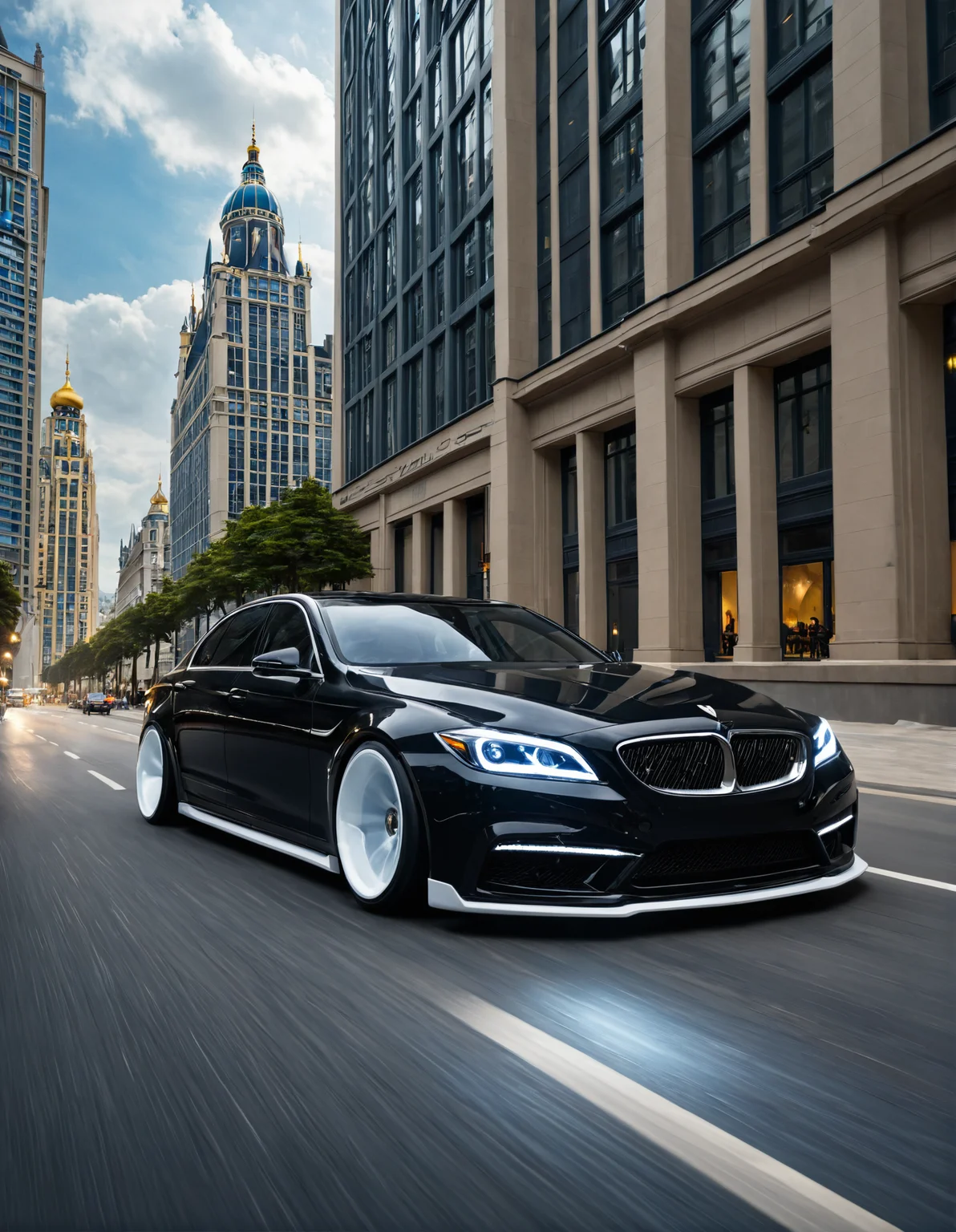 ethereal fantasy concept art of  <lora:Zoom_Cars:1>,Cornelisz Hendriksz Vroom,, a black car driving down a street next to a tall building with a white rim on it's front tire [21], . magnificent, celestial, ethereal, painterly, epic, majestic, magical, fantasy art, cover art, dreamy