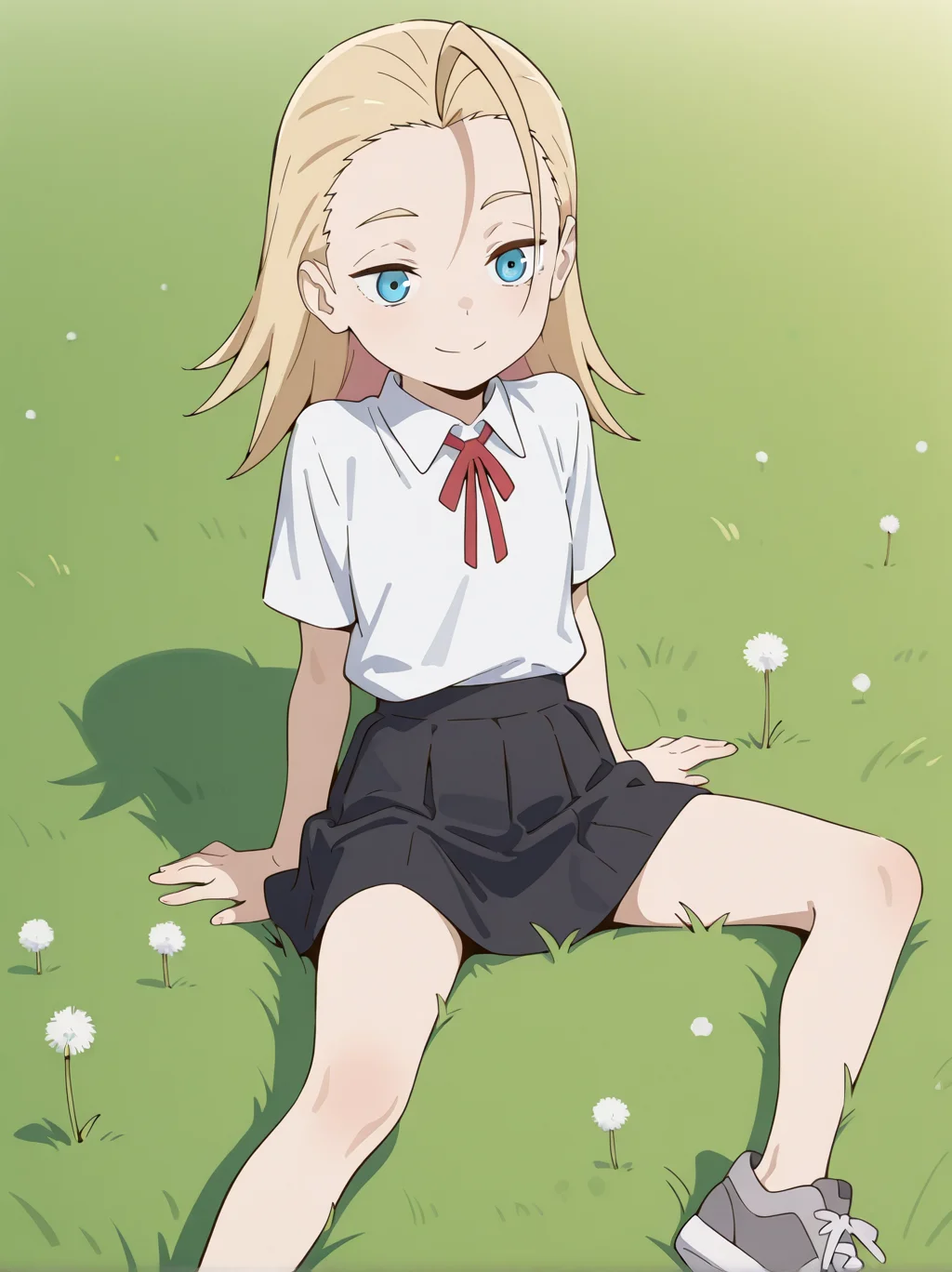 (masterpiece:1.4), (best quality:1.4),  very aesthetic, newest,best quality, amazing quality, very aesthetic, absurdres,
 1girl,jobko, blue eyes,  blonde hair,  long hair, forehead,antenna hair,medium hair, 
 black skirt,miniskirt, short sleeve, white shirt,collared shirt,neck ribbon,red ribbon,grey sneakers
, eyebrows,  <lora:jobko:1>
smile,
sitting ,dandelion,grass field