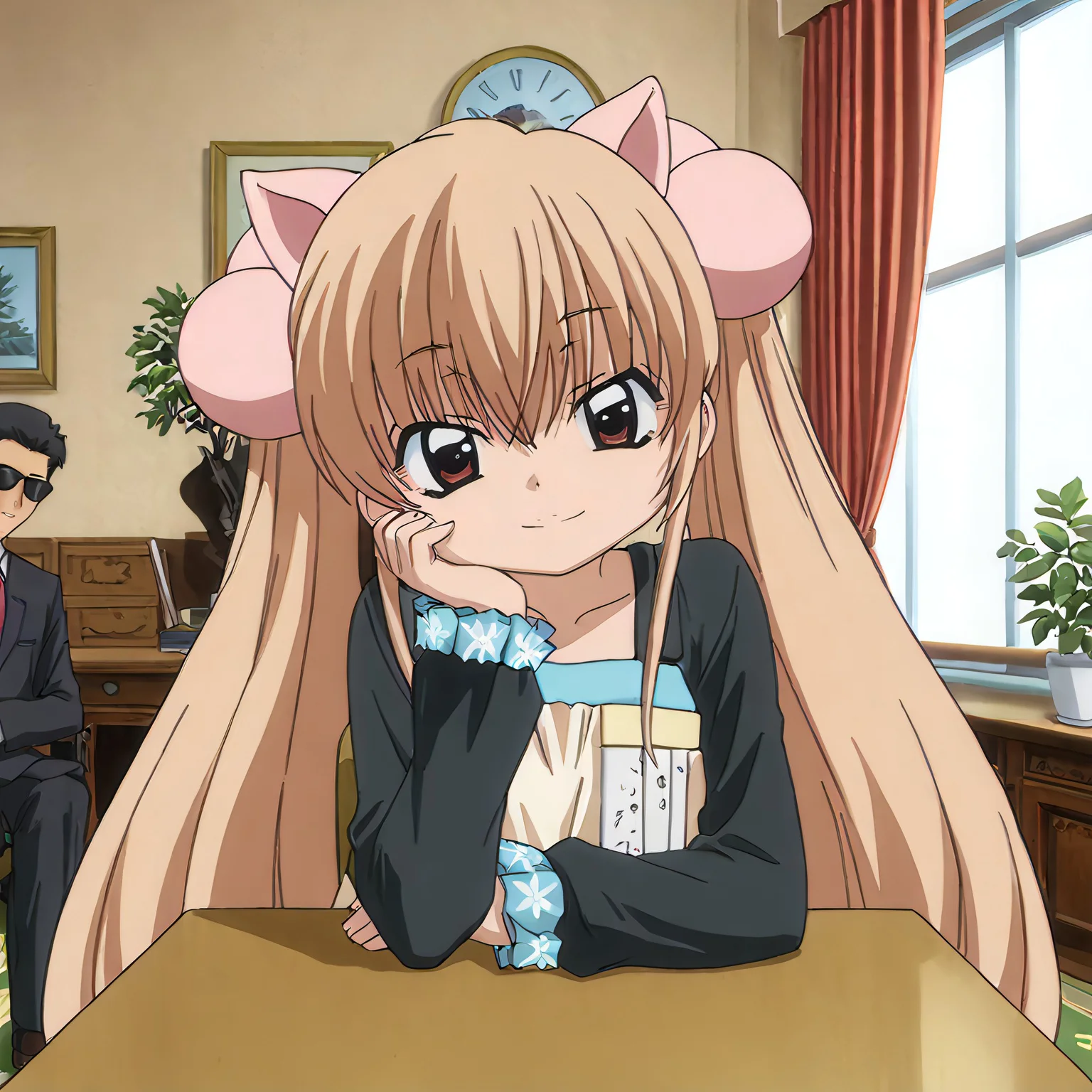 nsfw, highres, best quality, masterpiece, smile, animal ears, drooping animal ears, full body, pant suit, black suit, suit, formal, black jacket, sunglasses, oval office, resolute desk, indoors, wide shot, pov across table, upper body, elbows on table, elbow rest, head tilt, red necktie, curtains, window, flag, plant, american flag, potted plant, carpet, light smile, looking at viewer, oval office, resolute desk, desk, Rin Kokonoe, Very long light brown hair styled in twin tails, Pink spherical hair ties, Large expressive brown eyes, Petite, childlike stature, Light-colored sundress with frilled edges, Playful and mischievous expression, kokonoe rin