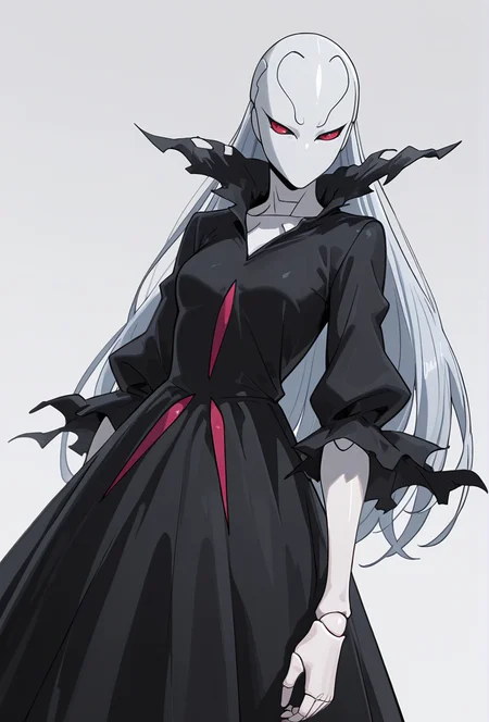 Smooth Quality,masterpiece,very intricate, high quality details, ultra realistic, high detailed skin,detailed enviorement,absurdres,
simple background, white background, 
dynamic angle,annoyed, furrowed brows, sideways glance,,solo,
 <lora:Berettacnn:0.8>  beretacnn,1girl, long hair,red eyes, (mask:1.1), black dress,silver hair, doll joints, no humans, no mouth,
