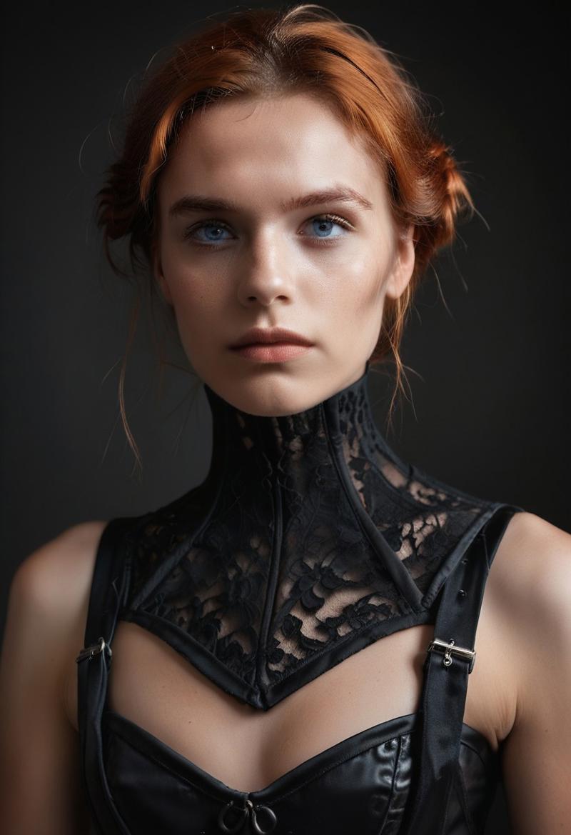 score_9, score_8_up, score_7_up, rating_safe, 
concept art, realistic, dark theme, low light, 1girl, solo.
Ginger hair, Blue eyes.
Neckcorset.