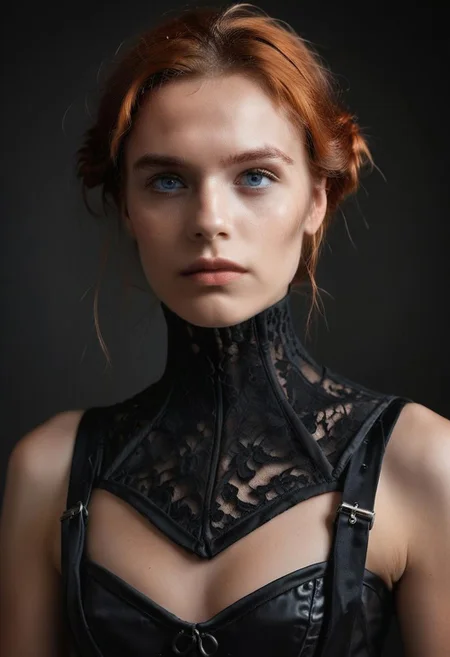 score_9, score_8_up, score_7_up, rating_safe,
concept art, realistic, dark theme, low light, 1girl, solo.
Ginger hair, Blue eyes.
Neckcorset.