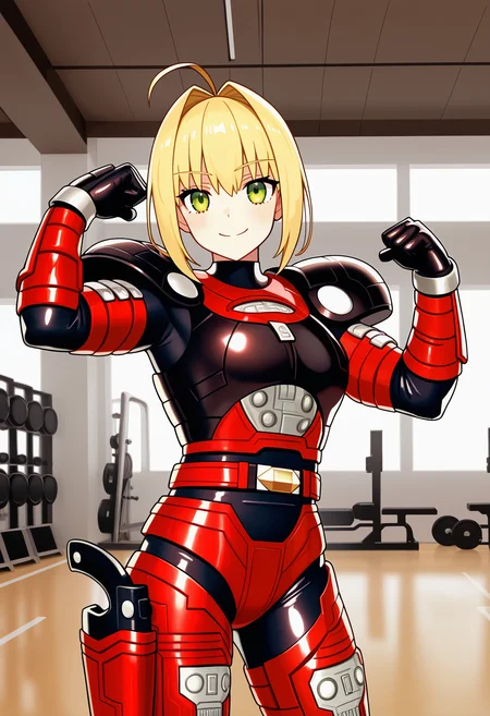 1girl, solo, R3ddle, armor, bodysuit, shoulder pad, gloves, belt, holster, shiny clothes, nero claudius (fate), blonde hair, green eyes, flexing, looking at veiwer, smile, cowboyshot,
indoors, gym,
best quality, very aesthetic, masterpiece,