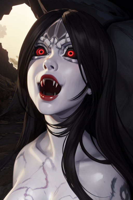 NureOnna, long black hair,  red eyes, lamia,  pale skin, hair over eyes, 
solo, upper body,   smile,  fangs, open mouth,  
cave, moonlight, stones,  
(insanely detailed, beautiful detailed face, masterpiece, best quality)   <lora:NureOnna:0.8>