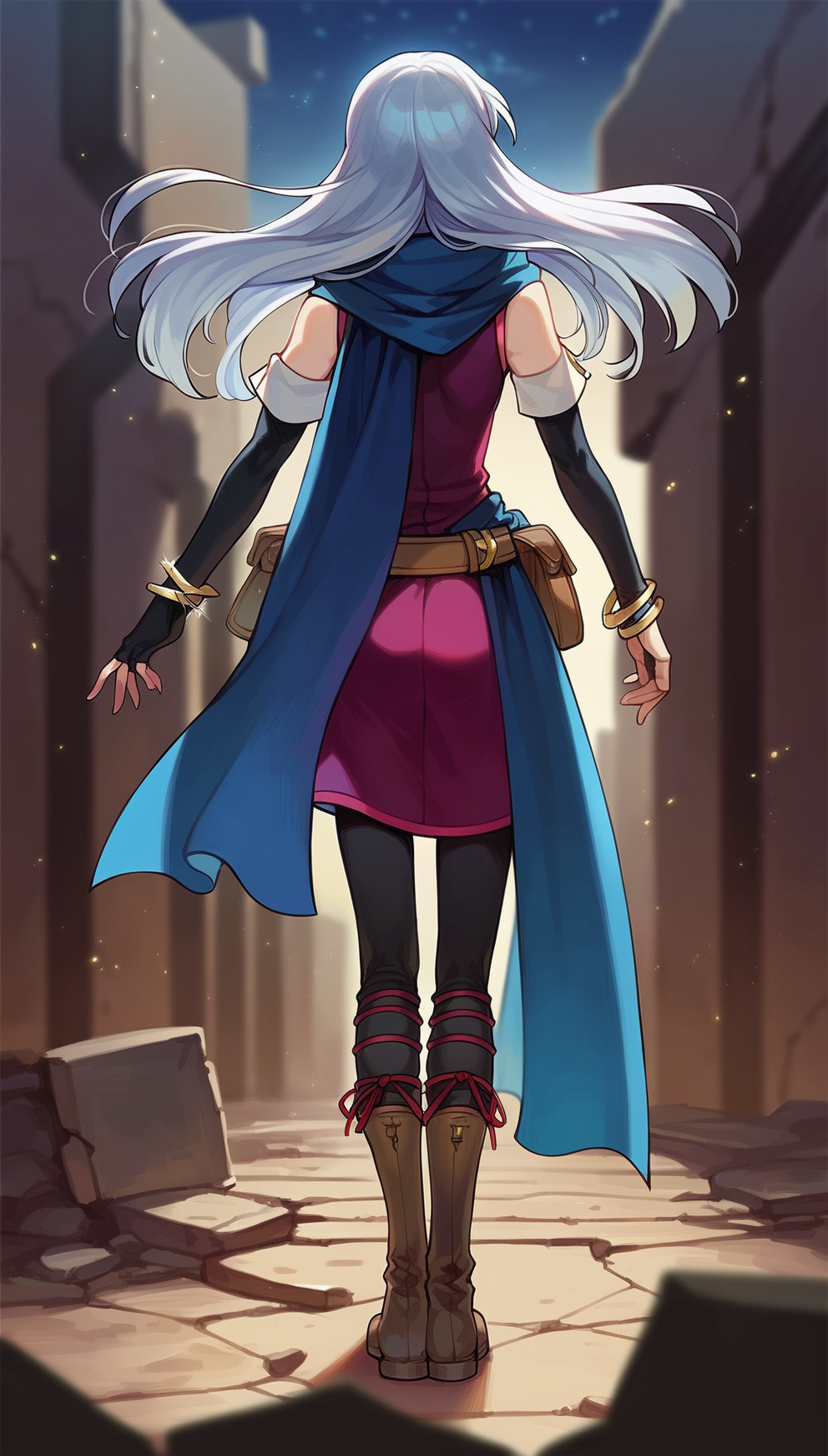 score_9,score_8_up,score_7_up,
highres,highly detailed,
<lora:micaiah:0.9>,
micaiahfe,
1girl,solo,
white hair,long hair,bangs,
blue scarf,purple sleeveless tunic,black detached sleeves,gold bracelet,red ribbon,brown leather belt,belt pouch,
black pantyhose,brown knee boots,
full body,back view,
blurry background,outdoors,night,(bloom:1.1),(light particles:1.1),starry sky,rubble_ruins,