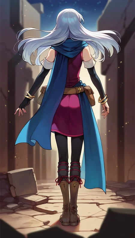 score_9,score_8_up,score_7_up,
highres,highly detailed,
<lora:micaiah:0.9>,
micaiahfe,
1girl,solo,
white hair,long hair,bangs,
blue scarf,purple sleeveless tunic,black detached sleeves,gold bracelet,red ribbon,brown leather belt,belt pouch,
black pantyhose,brown knee boots,
full body,back view,
blurry background,outdoors,night,(bloom:1.1),(light particles:1.1),starry sky,rubble_ruins,