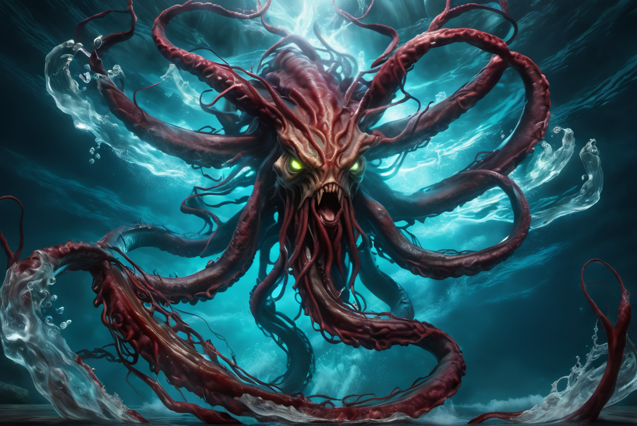 portrait of a kraken,awardwinning, 8k,  atmospheric,dramatic,godlike,superpowers,power surge,epic, mythsxl style,<lora:mythsxl:1>