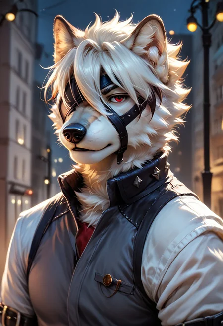 score_9, score_8_up, score_7_up, score_6_up, score_5_up, close up, highly detailed, anthro, 1boy, solo, furry, anthro wolf, male wolf, short fur, furry limbs, detailed canine snout, detailed canine nose muscular, fit body, sexy body, red eyes, beautiful eyes, detailed eyes, perfect hands, seductive pose, looking at viewer, clothed, (city), night, street lights, half body portrait, raw, photo, realistic, von_lycaon, source_von_lycaon, zenless_zen_zero, negative_hand, NegativeDynamics