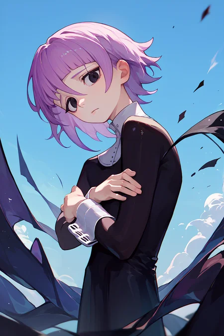 score_9, score_8_up, score_7_up, score_6_up, source_anime, solo,  <lora:crona-pdxl-nvwls-v1-000005:1> crona, purple hair, short hair, black eyes, white collar, black dress, long sleeves, long dress, wrist cuffs, crossed arms, looking at you, head tilt, blue sky