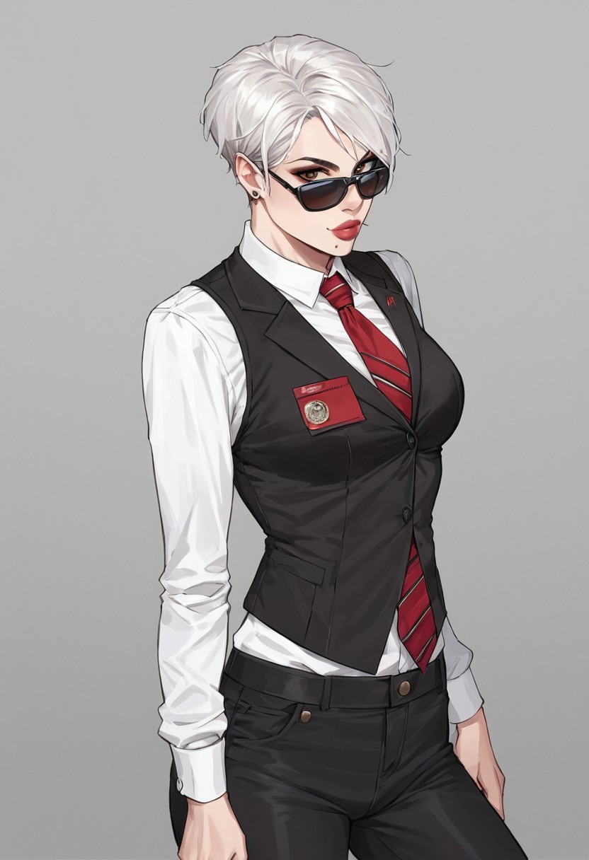 score_9, score_8_up, score_7_up, source_anime, BREAK 1girl, solo, Strangelove, short hair, white hair, Sunglasses, mole under lips, white shirt, long sleeves, black vest, red tie, black pants, tight clothes,