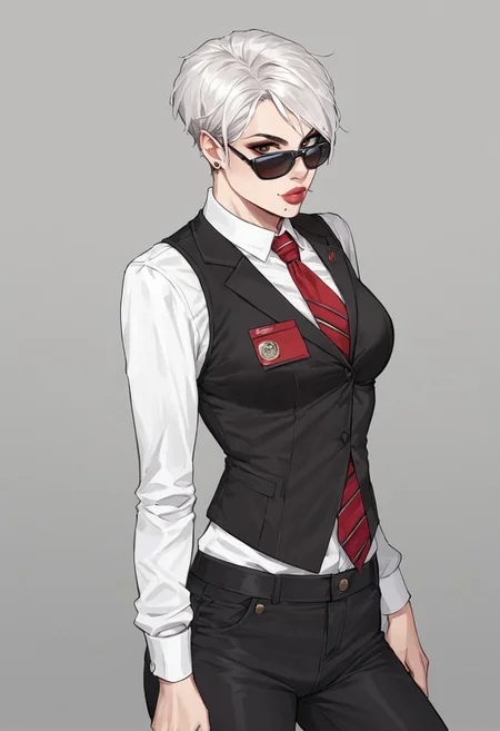 score_9, score_8_up, score_7_up, source_anime, BREAK 1girl, solo, Strangelove, short hair, white hair, Sunglasses, mole under lips, white shirt, long sleeves, black vest, red tie, black pants, tight clothes,