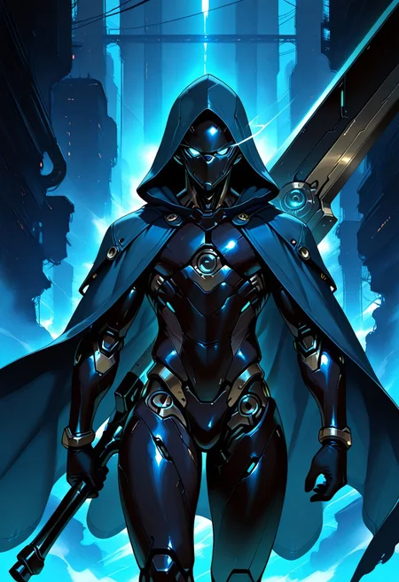 masterpiece, best quality, amazing quality, very aesthetic, high resolution, ultra-detailed, absurdres, newest, puko_d, 1boy, blue eyes, glowing eye, hood, gloves, sword, huge weapon, glowing, science fiction, android, solo, holding, male focus, weapon, hood up, holding weapon, cloak