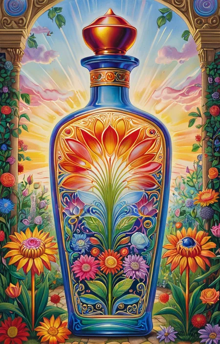masterpiece,best quality,<lora:tbh375-sdxl:0.6>,illustration,style of Alex Grey A bottle of perfume in garden