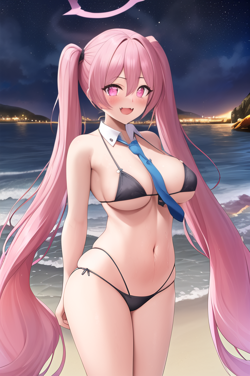 masterpiece, best quality, highres, solo, {night:1.10}, {starry sky:1.10}, beach, beautiful detailed sky, {extremely detailed background:1.20}, mature, {koyuki_bluearchive:1.10}, long_hair, pink_hair, halo, twintails, open_mouth, bangs, hair_between_eyes, necktie, pink_eyes, very_long_hair, fang, blue_necktie, smile, blush, skin_fang, breasts, {standing:1.10}, looking at viewer, {bikini:1.30}, light smile
