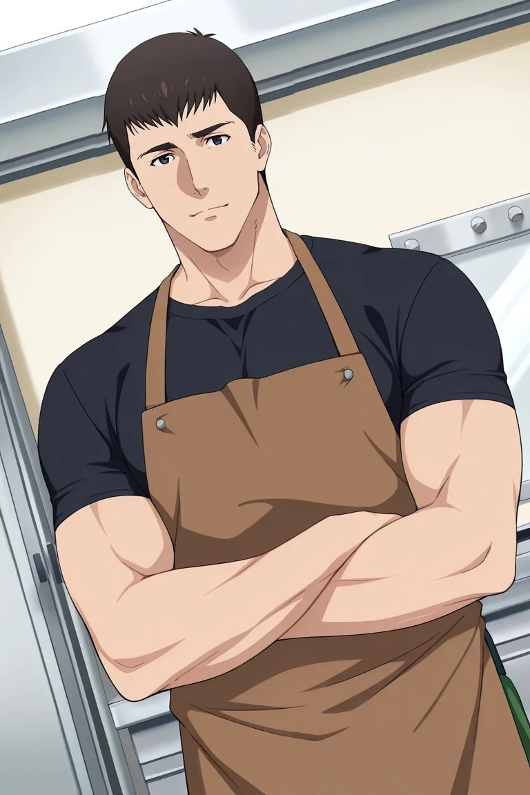 score_9, score_8_up, score_7_up, score_6_up, perfect anatomy, perfect proportions, best quality, masterpiece, high_resolution, high quality, best aesthetic, incredibly absurdres, highres, extremely detailed, huge filesize, solo male, adult, mature, masculine, manly, handsome, charming, alluring, standing, upper body, dutch angle, cowboy shot, perfect face, source_anime \(Brave Bang Bravern\), anime coloring \(Brave Bang Bravern\),  BBBSatake, Ryuji Satake \(Brave Bang Bravern\), black hair, short hair, black eyes, BBBSatake_outfit06, black t-shirt, short sleeves, green pants, brown apron, long apron