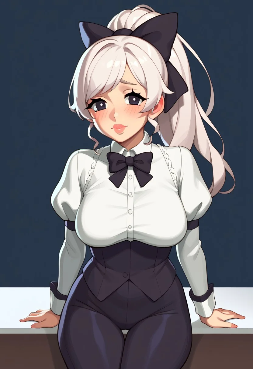 score_9, score_8_up, score_7_up, score_6_up, score_5_up, score_4_up, source_cartoon, <lora:confetti-extract- ponyxl:0.85>, detailed eyes, easynegative, rating_explicit, Expressiveh, 1girl, solo,
Geraldine, shirt, long sleeves, closed mouth, white shirt, white hair, ponytail, sidelocks, thighs, hair bow, collared shirt, pants, puffy sleeves, bowtie, black eyes, wrist cuffs, black bow, dress shirt, swept bangs, black pants, high ponytail, juliet sleeves, black bowtie, sleeve cuffs, traditional bowtie, lips, big breasts, blush, shy