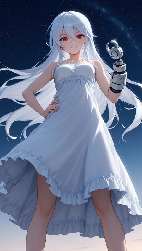 <lora:Char_KazamiKazuki:1>, red eyes, white hair, long hair, hair between eyes, sidelocks,
white dress, sundress, bare shoulders, long dress, single mechanical arm,
smile, hand on own hip, wind, looking at viewer, from below, legs apart, sky, star \(sky\),, very awa, masterpiece, best quality, highres, absurdres