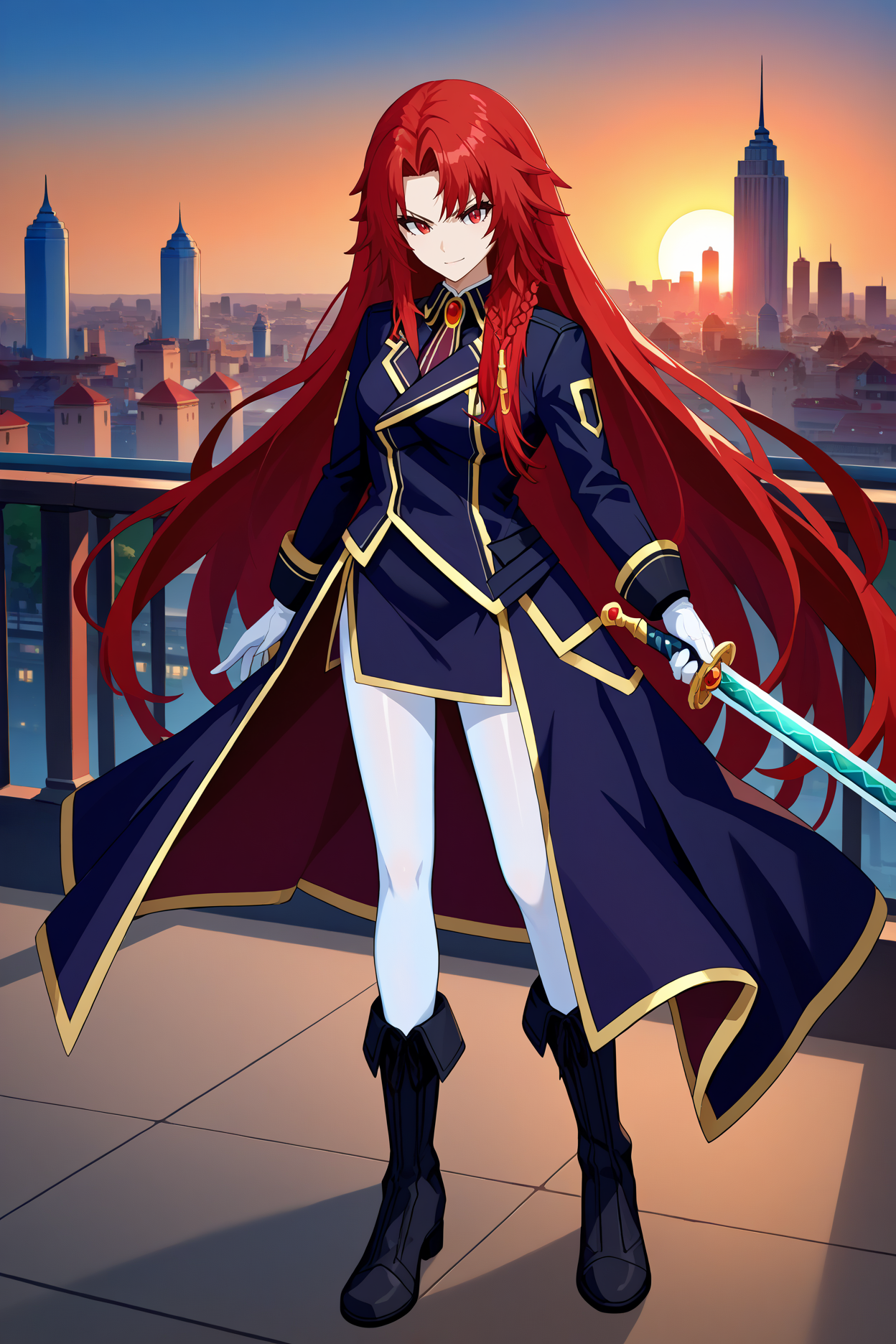 score_9, score_8_up, score_7_up, score_6_up, source_anime, 1girl, solo, <lora:irismidgar-pdxl-nvwls-v1-000004:1> irsmdgr, red hair, long hair, braid, red eyes, black coat, black uniform, gold trim, black skirt, white pantyhose, white gloves, black boots, full body, holding sword, smirk, blue sky, sunset, looking at you, city