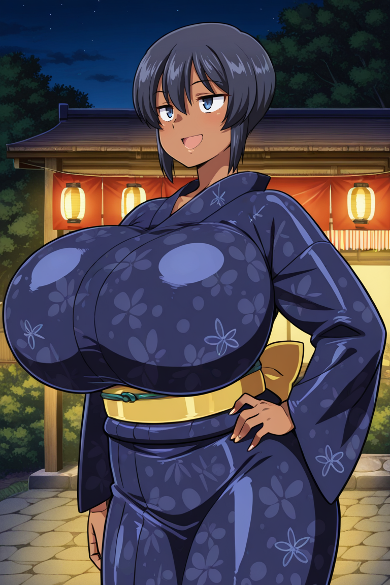 masterpiece , source_anime  , breasts, kimono, japanese clothes, huge breasts, dark-skinned female, dark skin, 1girl, sash, gigantic breasts, , smile, black hair, yukata, night, lantern, hand on hip, open mouth, short hair