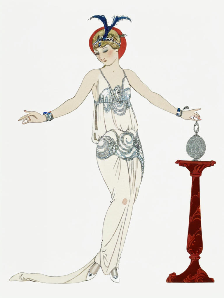 <lora:sdxl_George barbier v1.0:1>,george barbier,white background,  1920s fashion, 1girl, solo, dress, closed eyes, simple background, full body, bracelet, jewelry, standing, white dress, hands up, white footwear, masterpiece, best quality,absurdres,highres,ultra detailed,official art,
BREAK