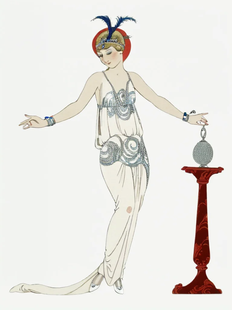<lora:sdxl_George barbier v1.0:1>,george barbier,white background, 1920s fashion, 1girl, solo, dress, closed eyes, simple background, full body, bracelet, jewelry, standing, white dress, hands up, white footwear, masterpiece, best quality,absurdres,highres,ultra detailed,official art,
BREAK