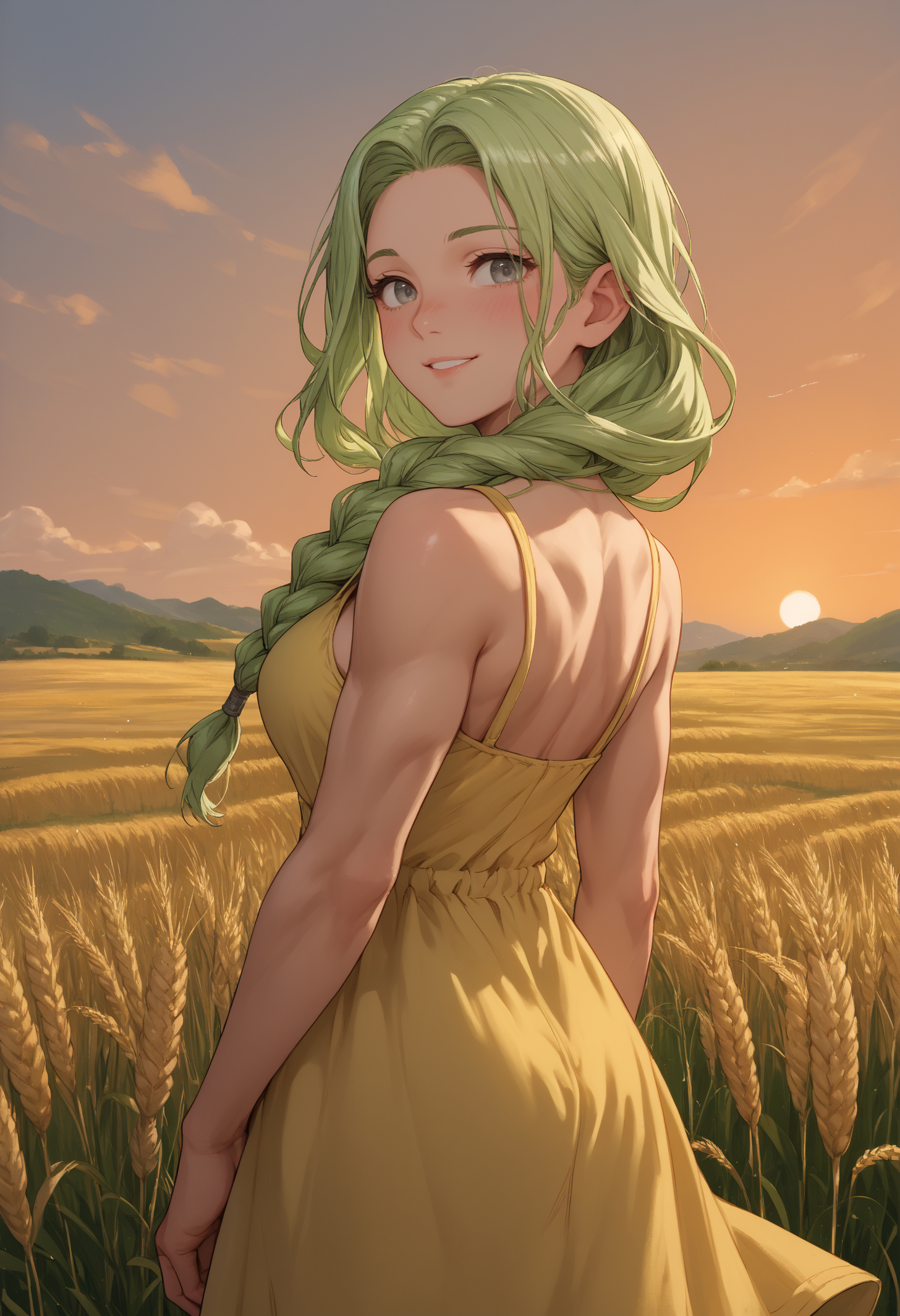 score_9, score_8_up, score_7_up, 1girl, FENottRND, grey eyes, green hair, long hair, single braid, large breasts, toned, 
yellow sundress, sleeveless,
looking at viewer, smile, blush, hands behind, parted lips, looking back, back,
outdoors, wheat field, sunset,
<lora:FENottPDXL_V1-Manityro-CAME:1.0>,