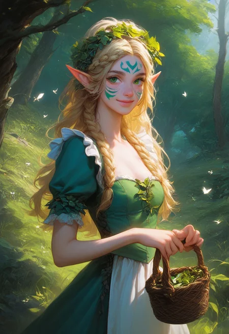 score_9, score_8_up, score_7_up, score_6_up, realistic, 
(1girl, solo, gentle elf maid), green eyes, slim body type, small breasts, light green skin with floral face paint, shy smile, long hair, straight with delicate braids, blonde hair with ivy intertwined, woodland-themed maid dress with floral accents, leaf-patterned headband, nature-themed jewelry, outdoors, standing in a forest clearing, vibrant green forest background, faint sunlight filtering through leaves, holding a wicker basket of herbs, soft misty aura, birds and butterflies fluttering around.
,Expressiveh