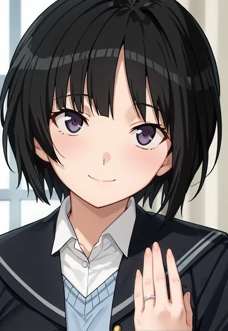 score_9,score_8_up,score_7_up,score_6_up,score_5_up,score_4_up,source_anime,best quality,masterpiece,<lora:HandFineTuning_XL:1>,
1girl,solo,
<lora:nanasaki_ai_v1.0:1>,
nanasaki ai,black hair,short hair,
kibito high school uniform,black jacket,blue sweater,open collar,
indoors,looking at viewer,smile,closed mouth,upper body,close-up,
<lora:wedding_ring_pony_v1:1>,hand up,kyubiwa,silver wedding ring,jewelry,